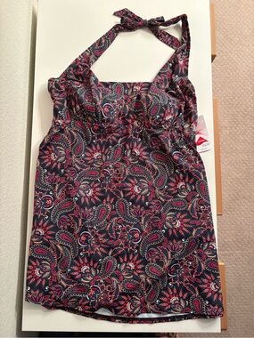 Lands' End Navy Paisley Halter One-Piece Swimdress with Pink Accents